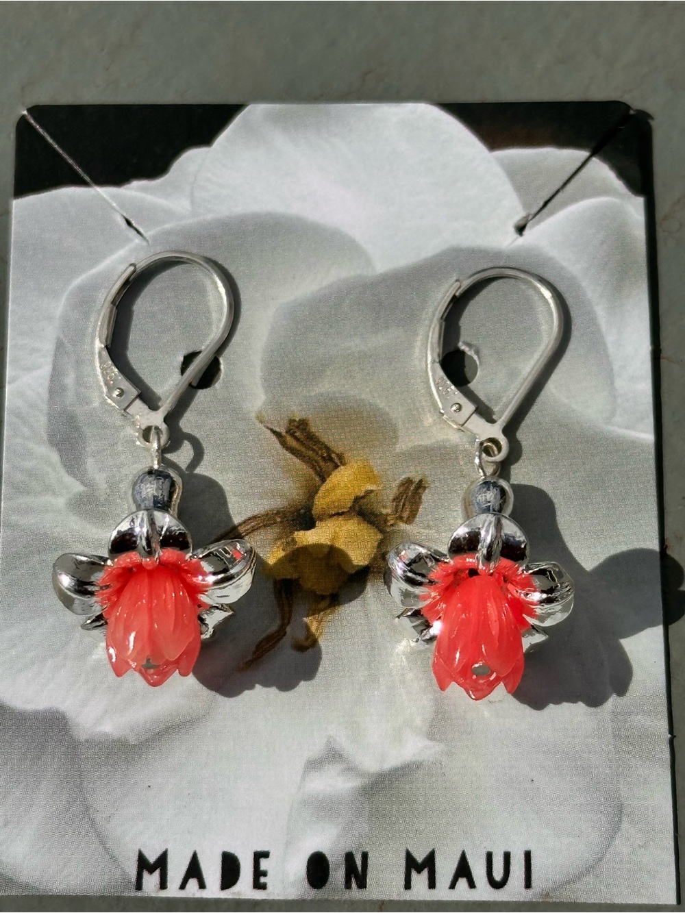 Silver Puakenikeni & Coral Pink Pīkake Shell Flower Drop Handmade Earrings